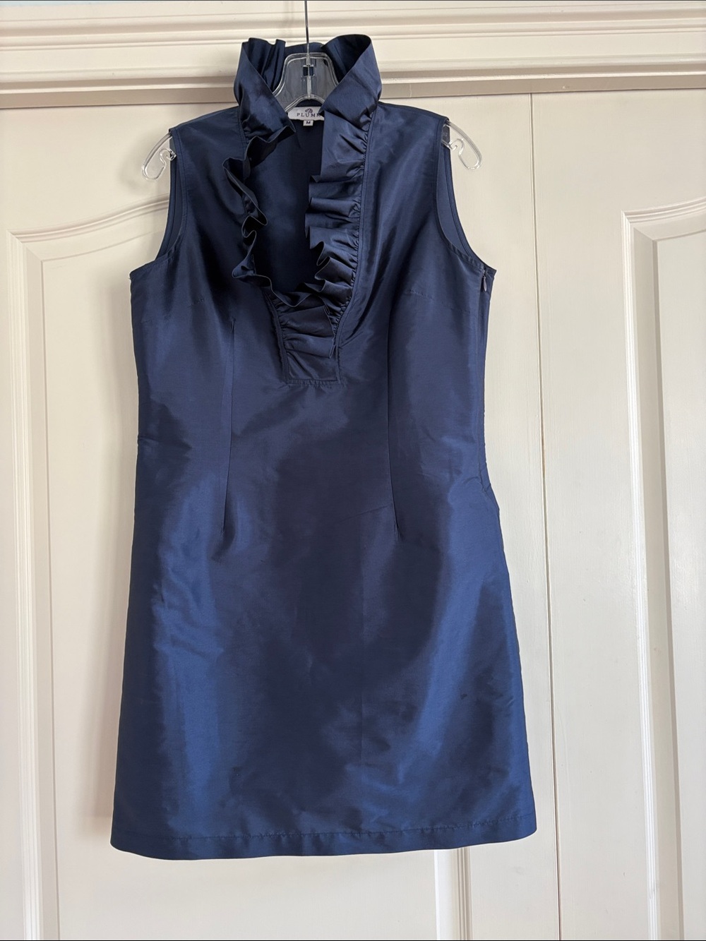 PLUMM Navy Sleeveless Ruffle V-Neck Shift Dress With Sash Size Medium